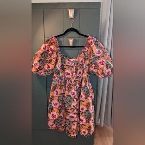Topshop Pink and Red Floral Puff Sleeve Mini Dress